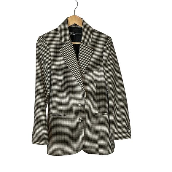 Zara Black Beige Houndstooth Gingham Boxy Cut Blazer Long Sleeve Women's Sz. M-L - Picture 1 of 12